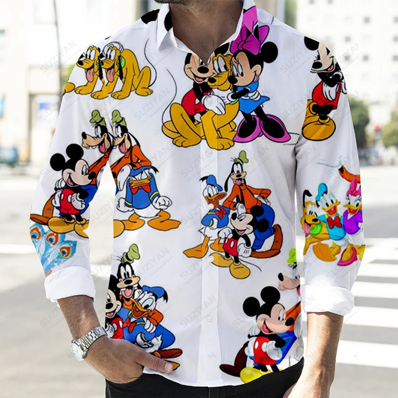 2022 Fall Newest Cartoon Casual Button Long Sleeve Shirt Disney Donald Duck and Mickey 3D Full Print Fashion Men\'s Lapel Top