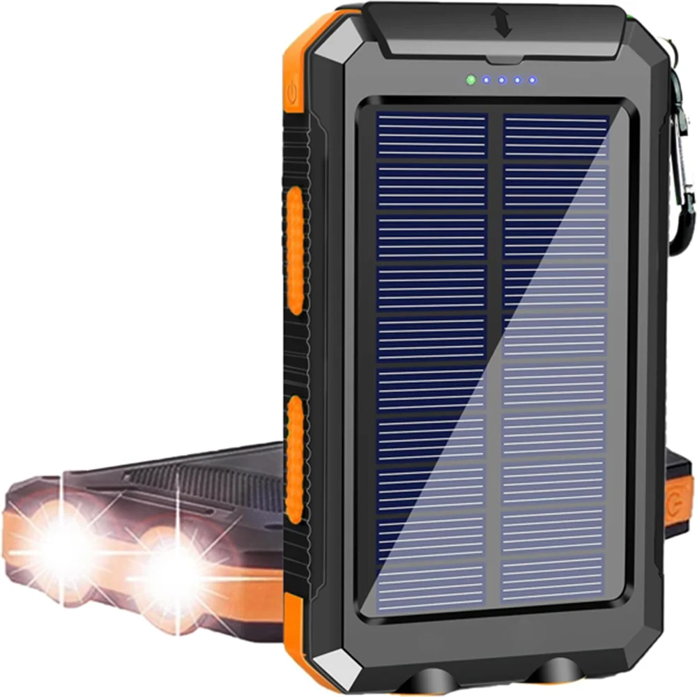 

10000mAh Solar Power Bank Portable Solar Charger Waterproof Powerbank External Battery Charger USB Ports 2 LED Light Flashlight