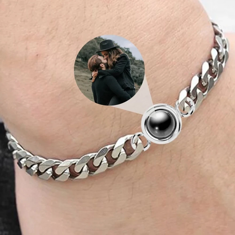 Custom Circle Pendant Projection Photo Bracelet With Couple Jewelry Memorial Gift For Him Personalized Cuban Chain Bracelet Men