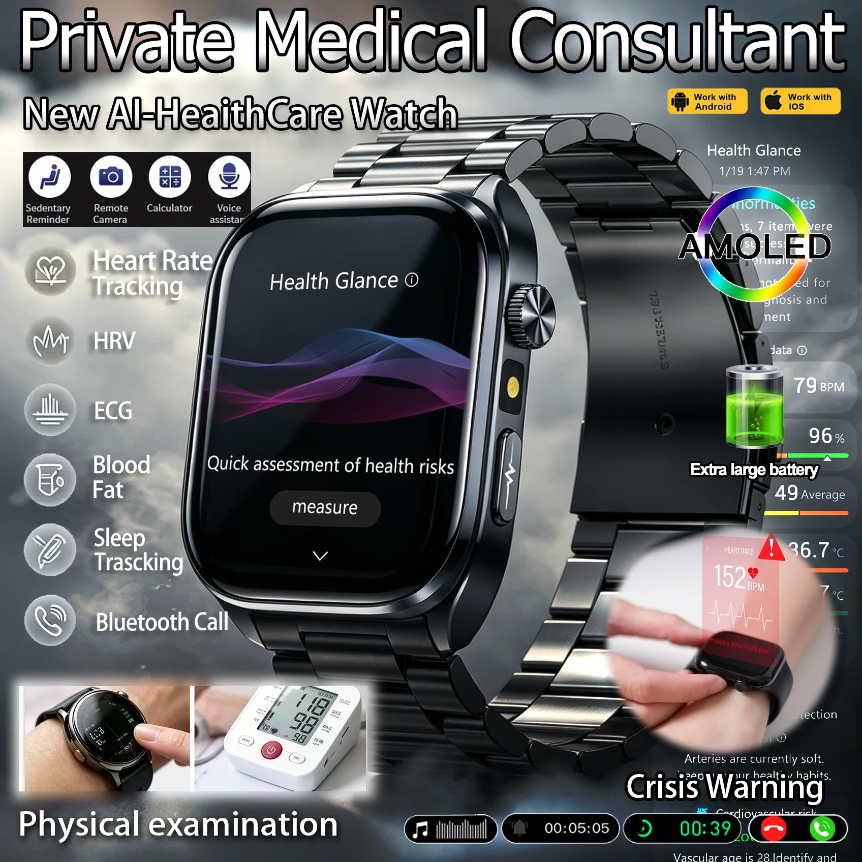 New ECG+PPG Analysis Health Blood Oxygen Smart Watch Accurate detection Body Fat Uric Acid Blood Pressure care ecg smartwatch
