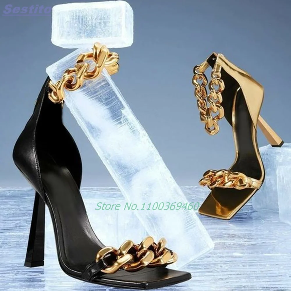 Metal Chunky Chain Square Toe Sandals Stiletto High Heels Back Zipper Ankle Strap Solid Color Cover Heel Sexy Women Shoes Modern