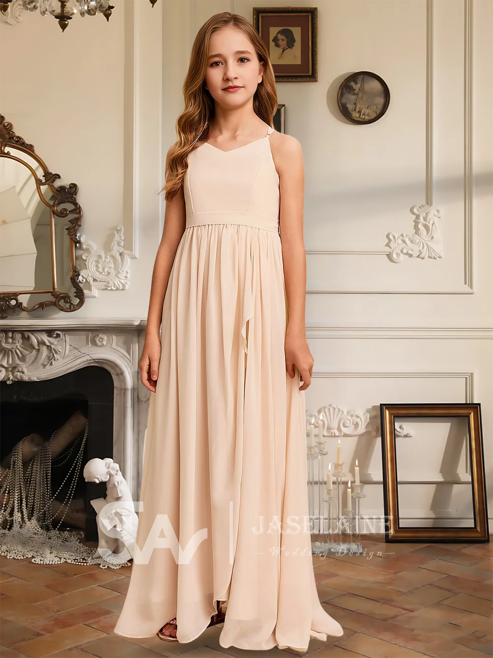 A A-Line V-Neck Floor-Length Chiffon Junior Bridesmaid Dress Flower Girl Dress With Side Slit Crisscross Party Wedding Formal