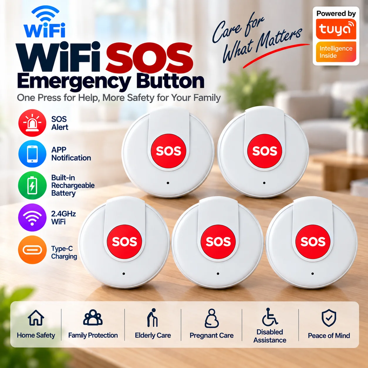 WLAN-SOS-Panikknopf, Smart Life App, wiederaufladbarer Akku, Ein-Tasten-Alarm für Patienten, Kinder, Senioren, kompatibel mit Tuya Smart