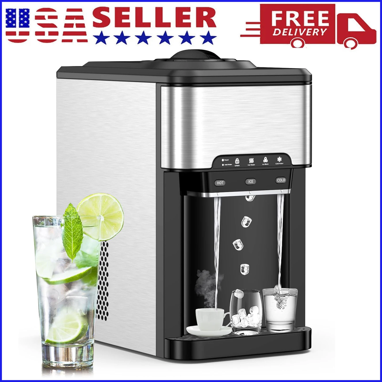 Countertop Water Dispenser with Ice Maker, 3-in-1 Portable Water Dispenser with 33LBS/24H Ice Machine for 3-5 Gallon Bottle Load