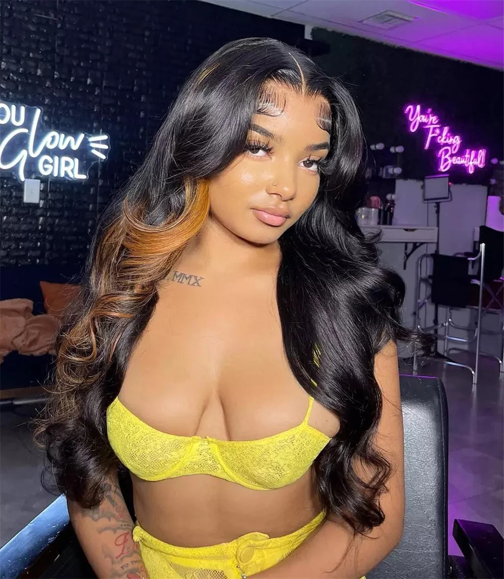 Black/Brown Highlight 13x6 Lace Front Human Hair Wig Body Wave 1b/27 Ombre Colored Human Hair Wigs For Women 100% Human Hair