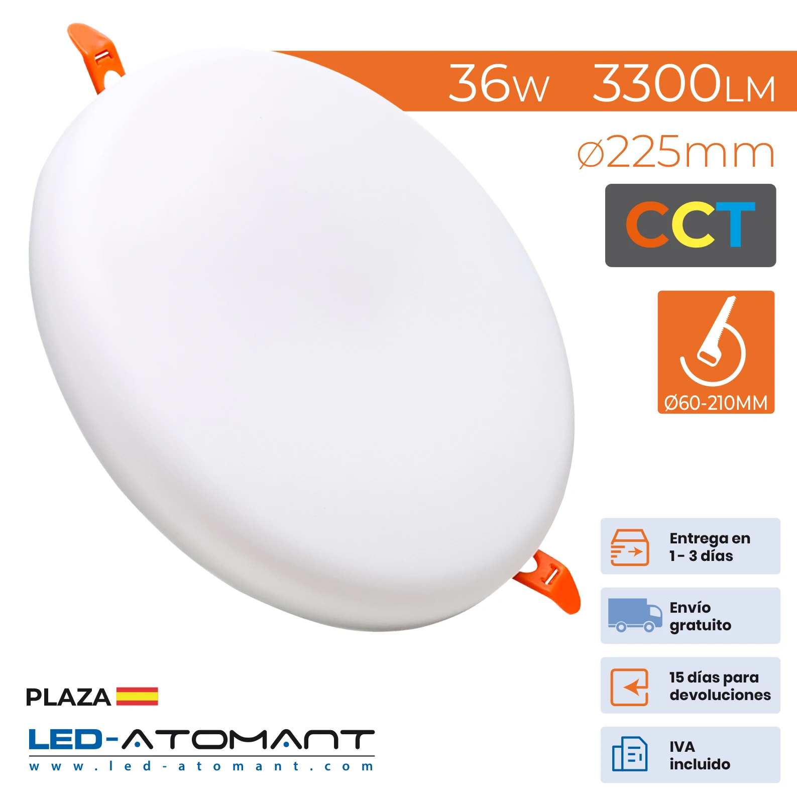 ATOMANT LED®36w 3300lm adjustable cut 60-210mm led board downlight cct round flat lights ceiling lamp recessed LED panel