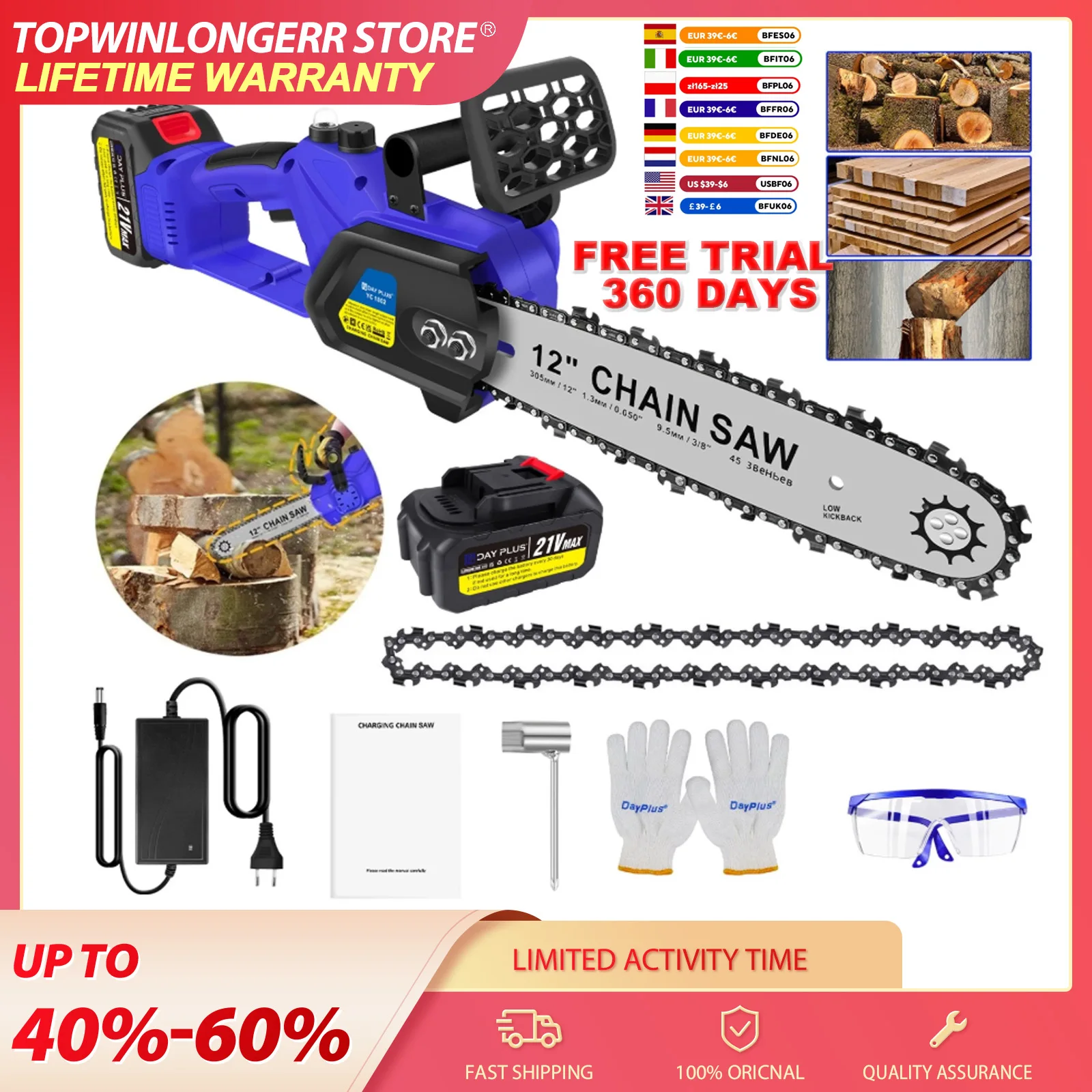 Mini tronçonneuse sans balais de 12 pouces, tronçonneuse électrique sans fil de 5000 W avec batterie 4,0 Ah et chargeur, coupe-bois portable à une main pour l'élagage des arbres, la coupe des branches