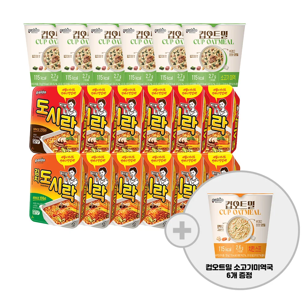 Paldo lunch box 86G x 6 pieces + kimchi lunch box 86G x 6 pieces + cup oatmeal meat unison soup 33g x 6 pieces + (33g x 6 cups oatmeal chicken soup)