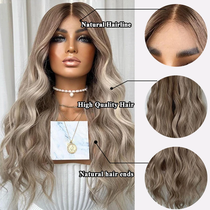 Ombre Blonde Brown Body Wave Synthetic Hair Wigs with Bangs for Black Women Long Curly Dark Roots Cosplay Daily Heat Resistant