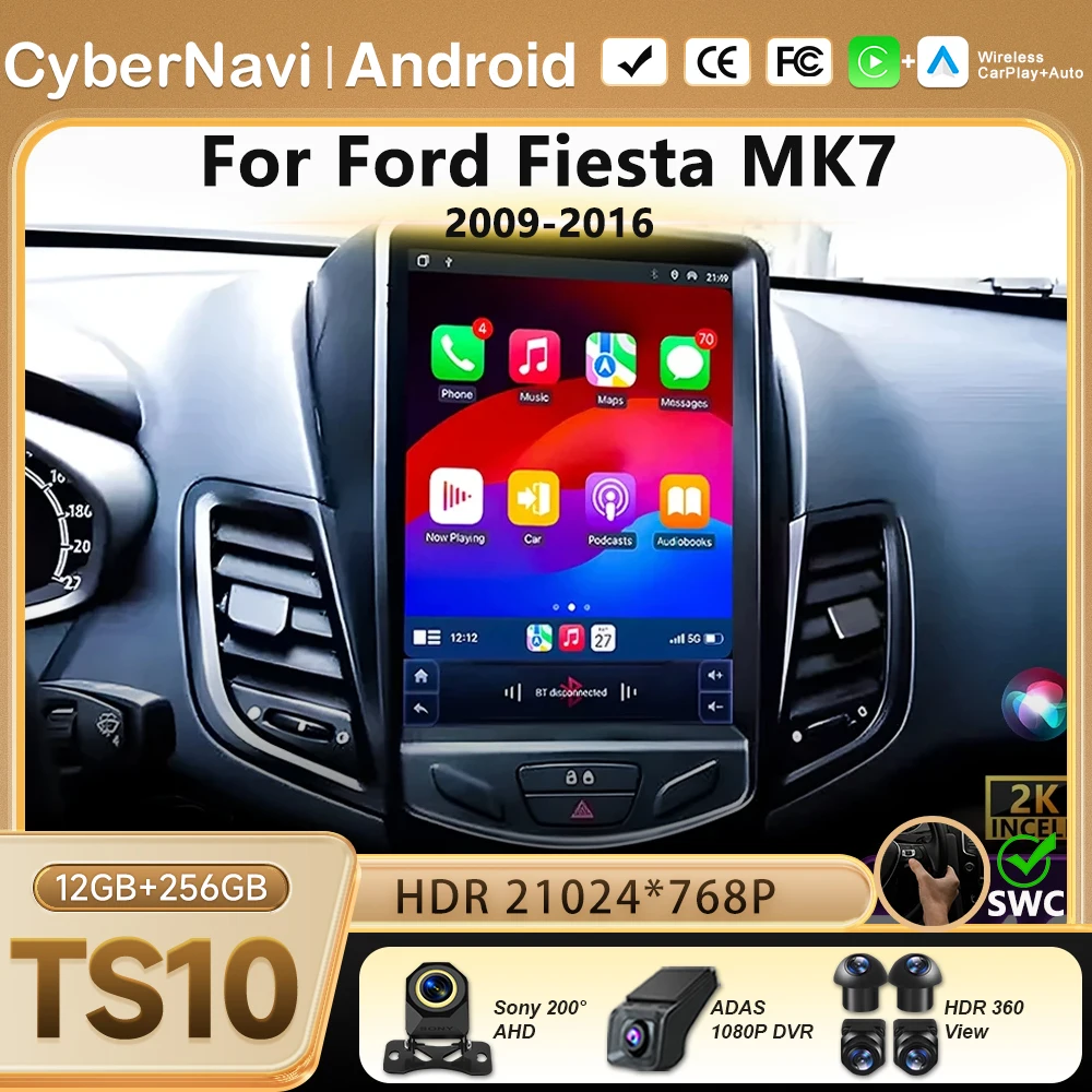 Radio para Auto con Android Auto y Carplay Inalámbrico para Ford Fiesta MK7 2009-2016, Unidad Principal Multimedia con GPS, Navegación y Video