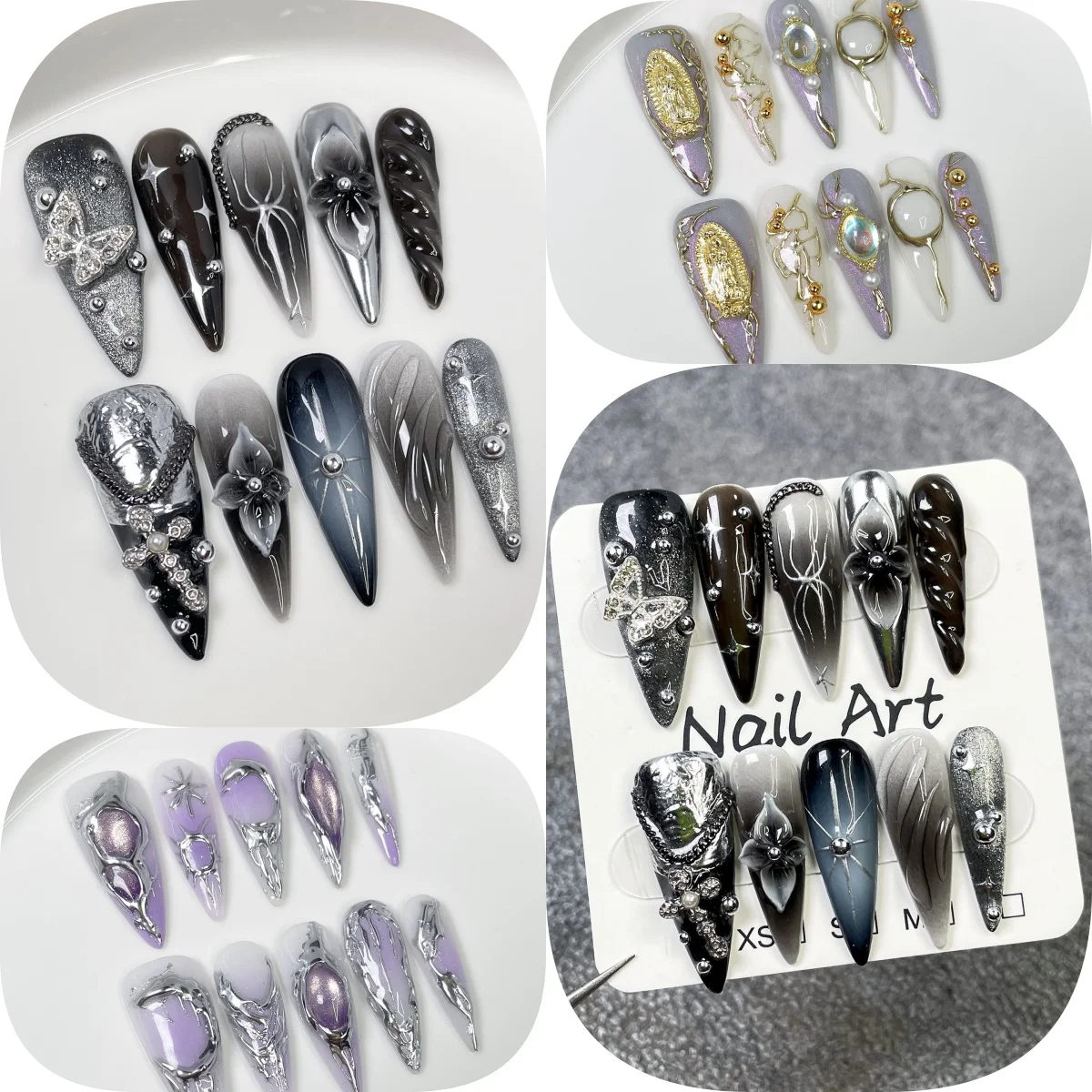 10 Uds. De uñas postizas desmontables con gradiente negro, especias artificiales, diseños florales de mariposa metálica 3D, uñas postizas desmontables