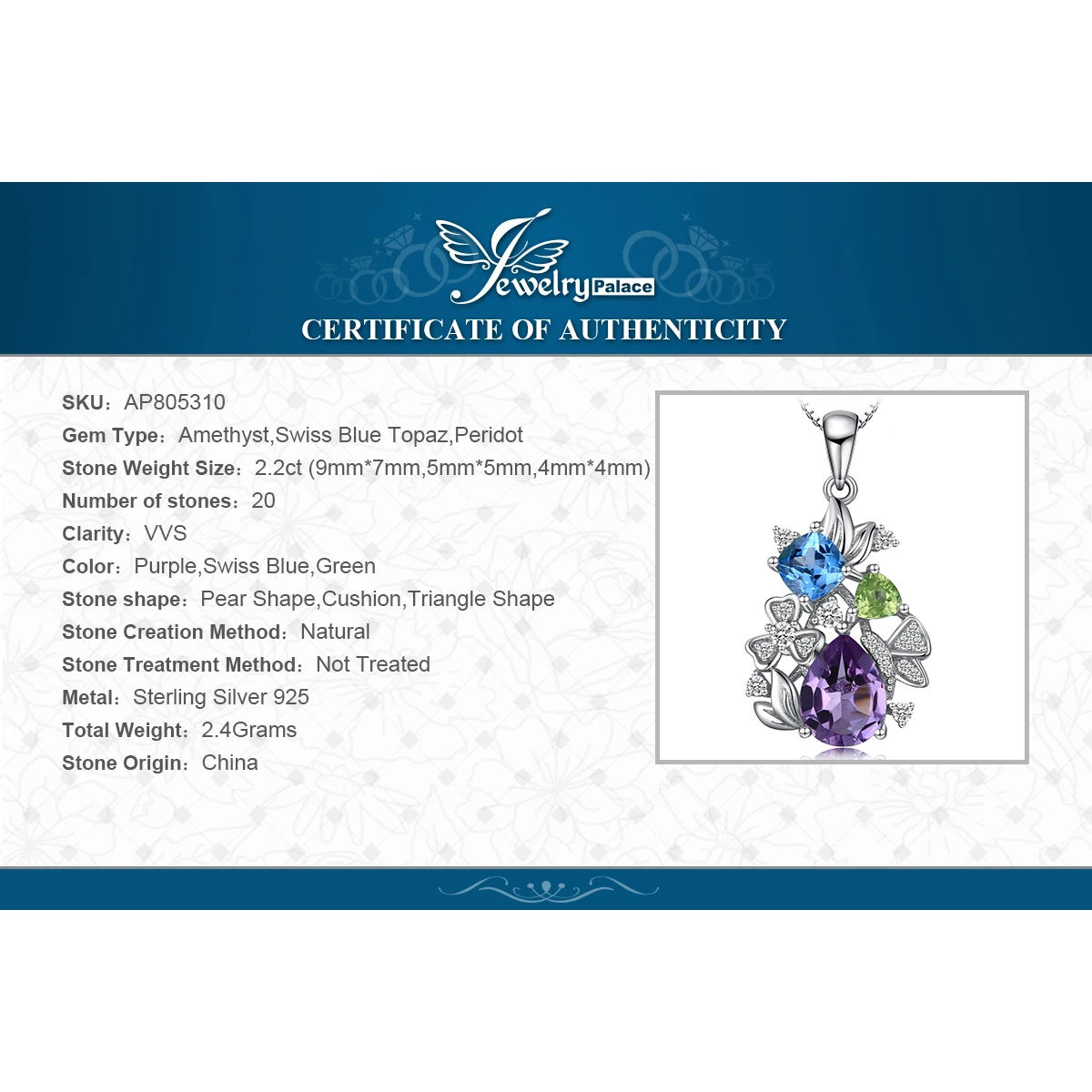 Jewelrypalace natural ametista azul topázio peridot cromo diopside flor pingente colar 925 prata esterlina mulher sem corrente