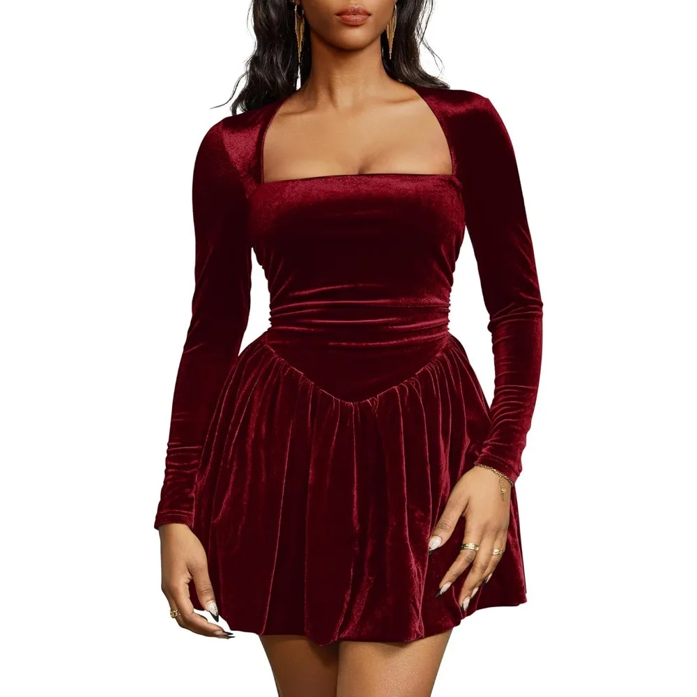 

Women's Sexy Long Sleeve Square Neck Velvet Bubble Mini Cocktail Party Dress
