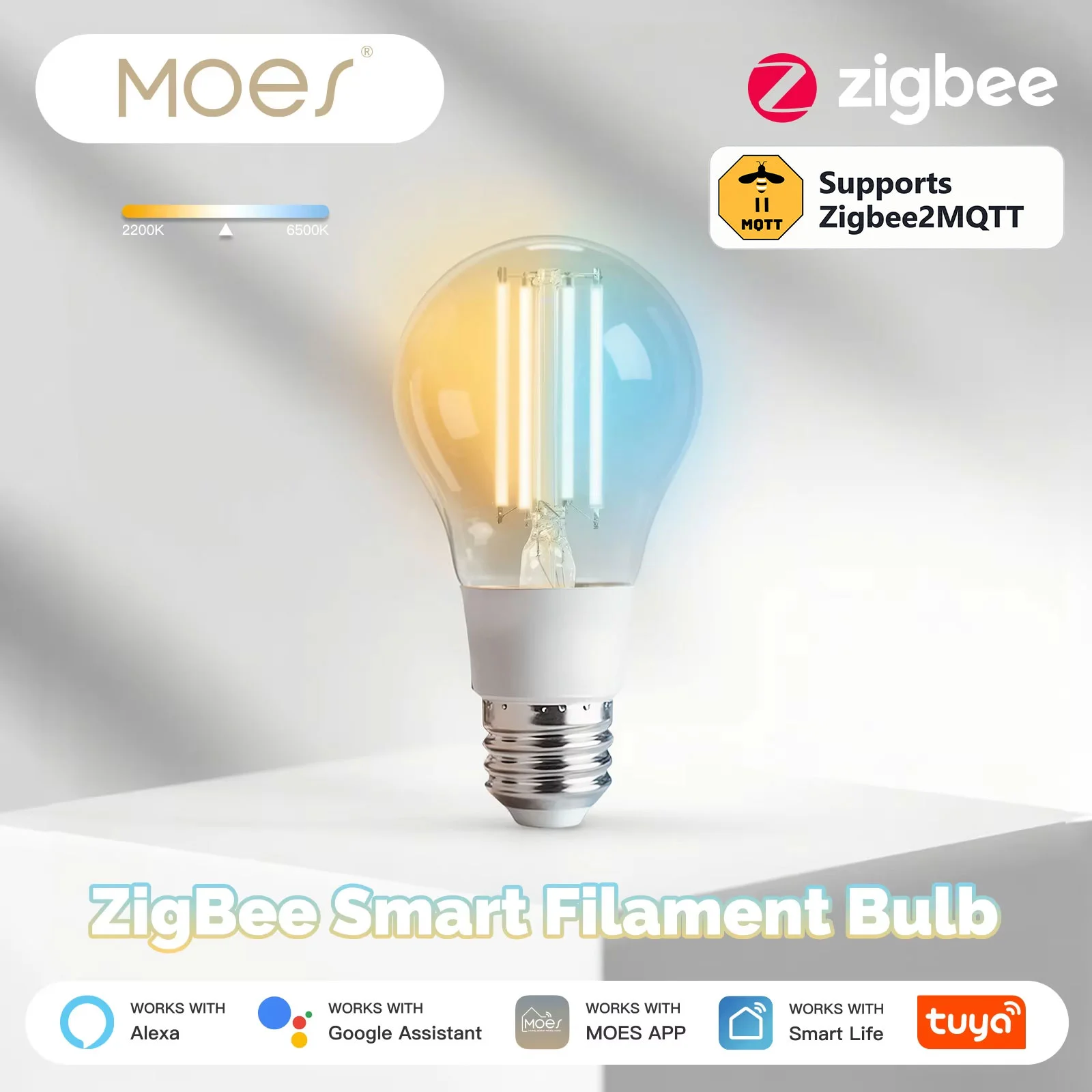 MOES 지그비2MQTT 스마트 LED 에디슨 전구 7W, E27 소켓, 밝기 조절 가능, 알렉사 및 구글 홈과 연동, 음성 제어, 빈티지 필라멘트 조명