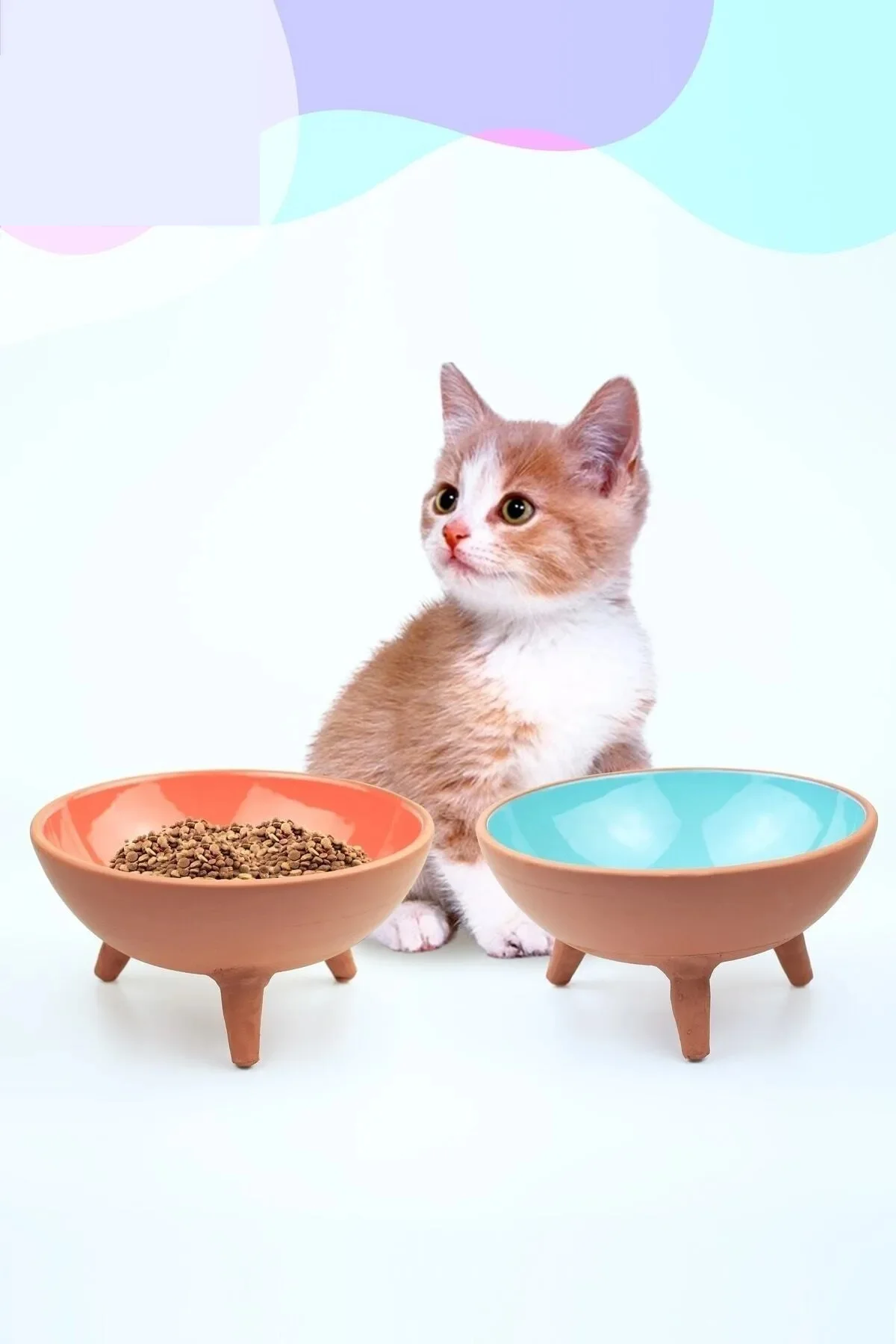 

2pcs Handmade Pottery Cat - Dog Food Container Double Cat Bowl with Legs Pet Feeding Bowl with Tilt Stand Puppy Supplies