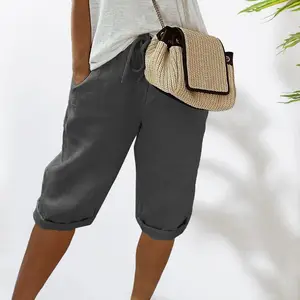 Women Cotton Linen Shorts Vintage Loose Wide Leg Trousers Drawstring Knee length Pants for Ladies Elastic Waist with Pockets AliExpress 200000345