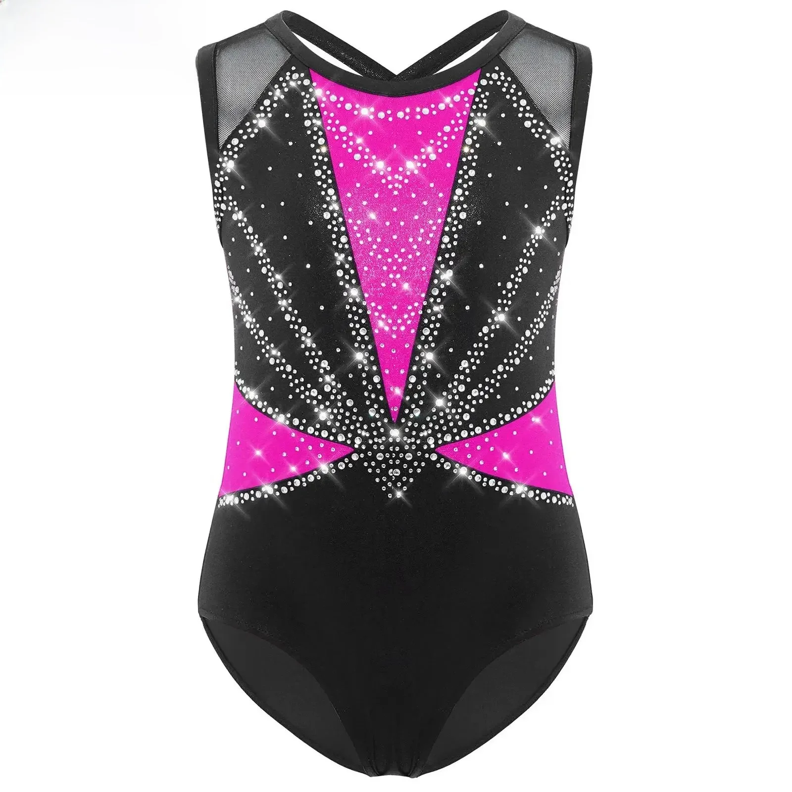 Kinderen meisjes ballet dans turnpakje gymnastiek prestatie kostuum mouwloos kriskras rug strass metallic schaatsen bodysuit - afbeelding 2