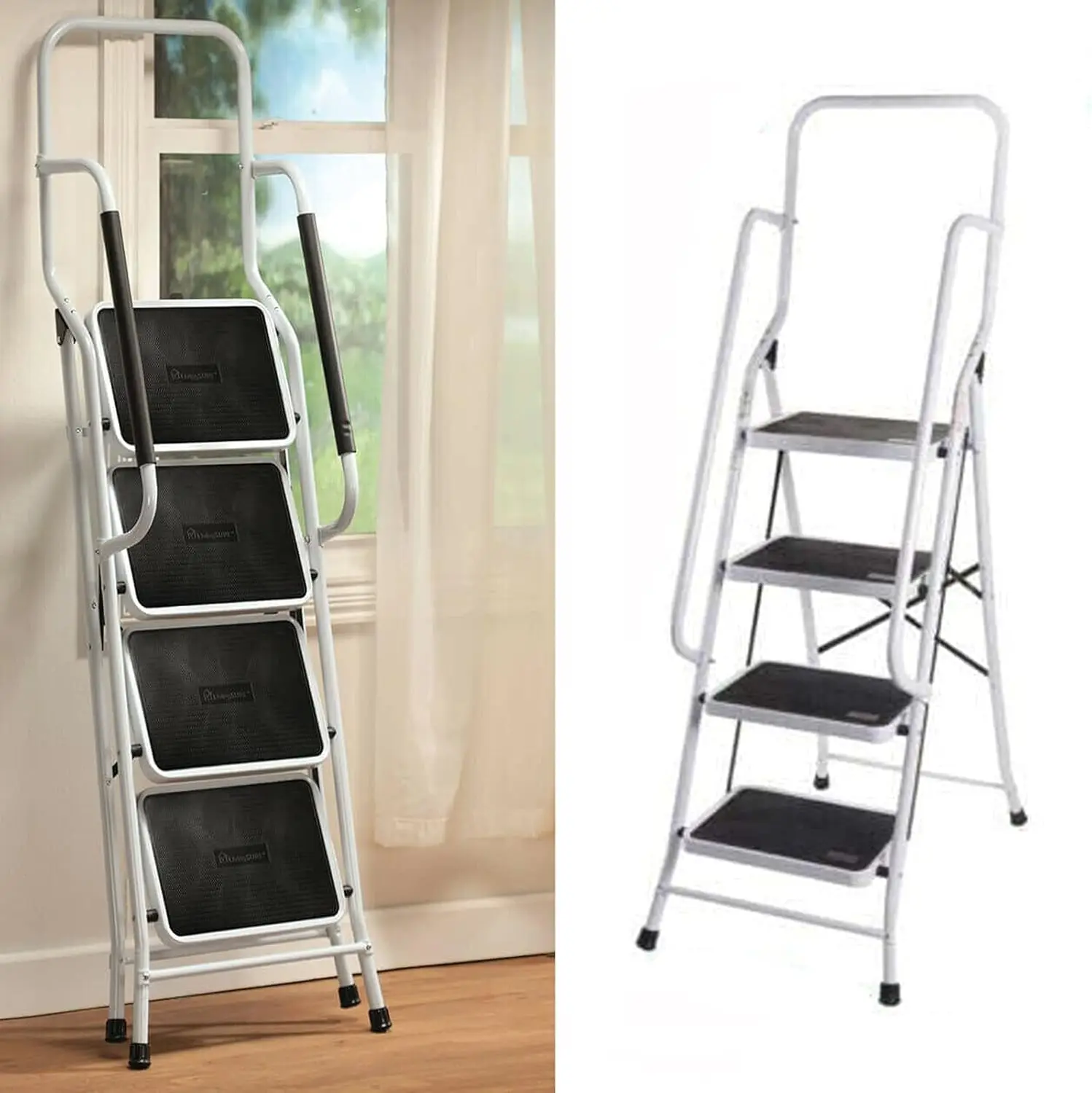 4-traps opvouwbare trapladder met volledige dubbele leuningen, antislip brede pedaal, zwaarbelastbaar staal, huishoudelijke opstapje, max. 150 kg belastbaar, opvouwbare ladder voor binnen, voor het