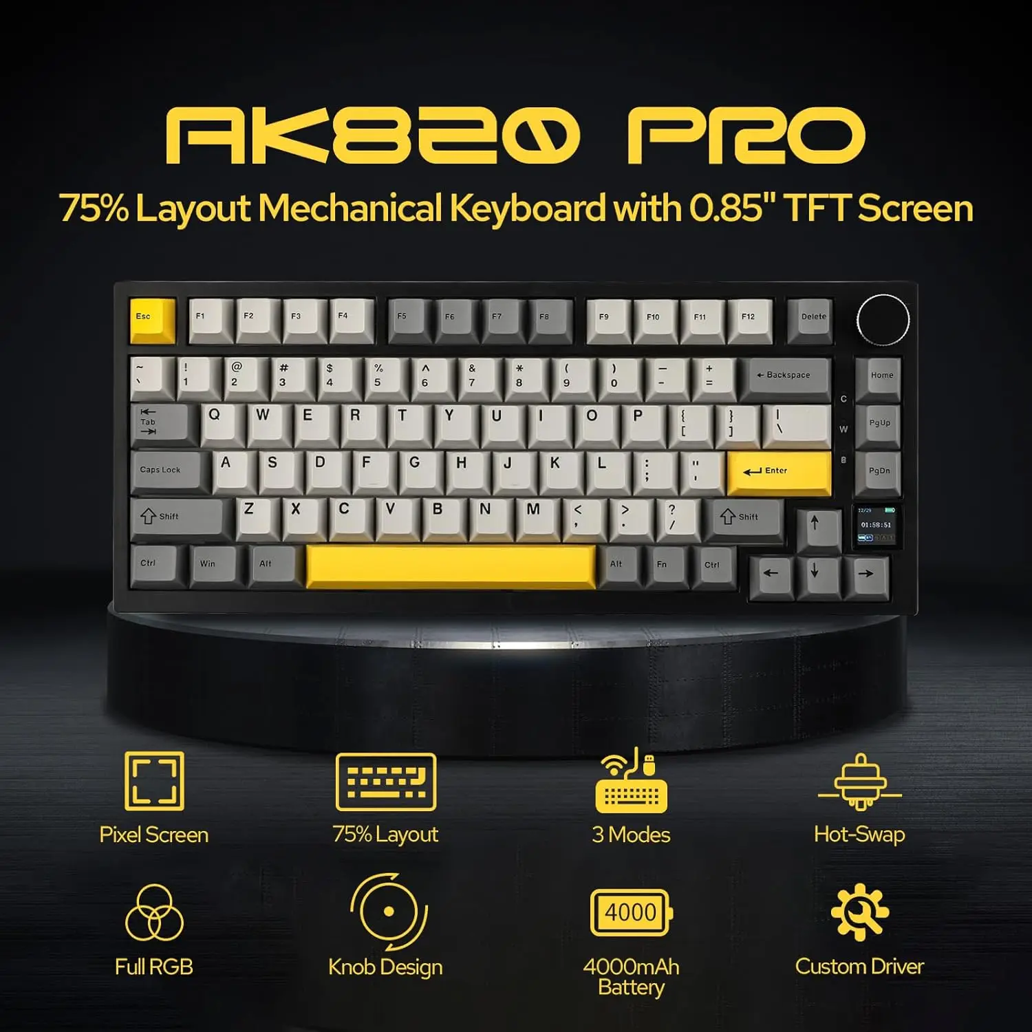 Tastiera Meccanica Wireless AJAZZ AK820 Pro con Display TFT e Manopola | Tastiera da Gaming 75% con Montaggio a Guarnizione, Connessione BT/2.4GHz/USB-C, Tastiera Cremosa per PC/Mac