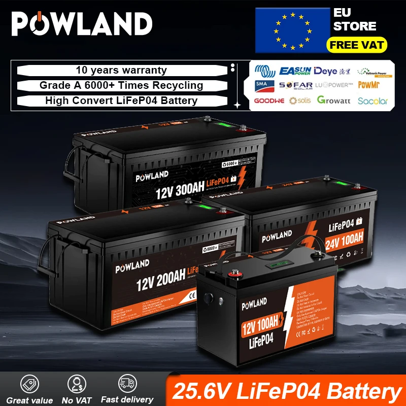 POWLAND 12V 300AH 200AH100AH 24V 100AH LiFePO4 Battery Lithium Iron Phosphate Batteries Built-in BMS Grade A 6000+ Cycles For RV