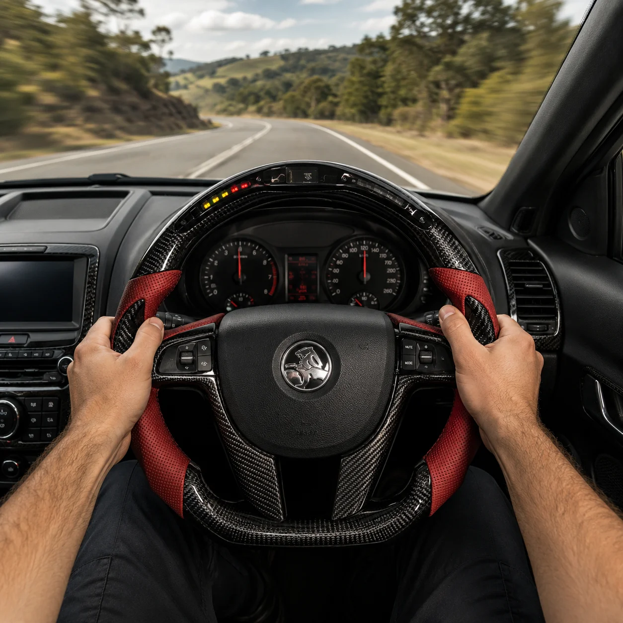 For Holden VE Pontiac G8 GT HSV SSV Commodore 2008 2009 LED Carbon Fiber Red Leather Steering Wheel