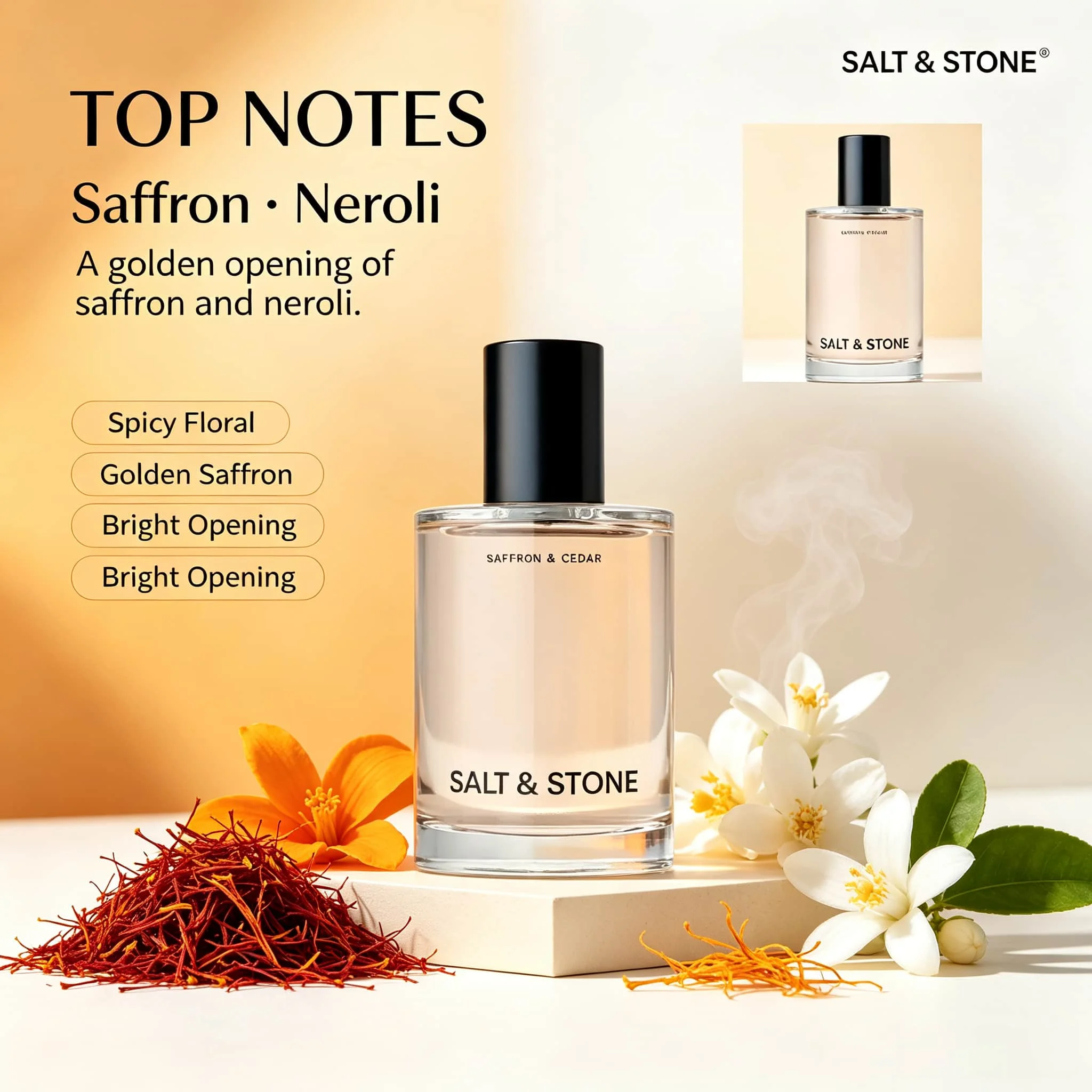 Salt&Stone Saffron&Cedar Eau De Parfum 3.4 oz 100ml, Warm and fragrant Woody Notes with Long-Lasting Fragrance for 6-8 Hours. Saffron Cedar Caramel Amber | A Neutral Premium Woody Choice for Daily Commuting/Office/Social Use - view 2