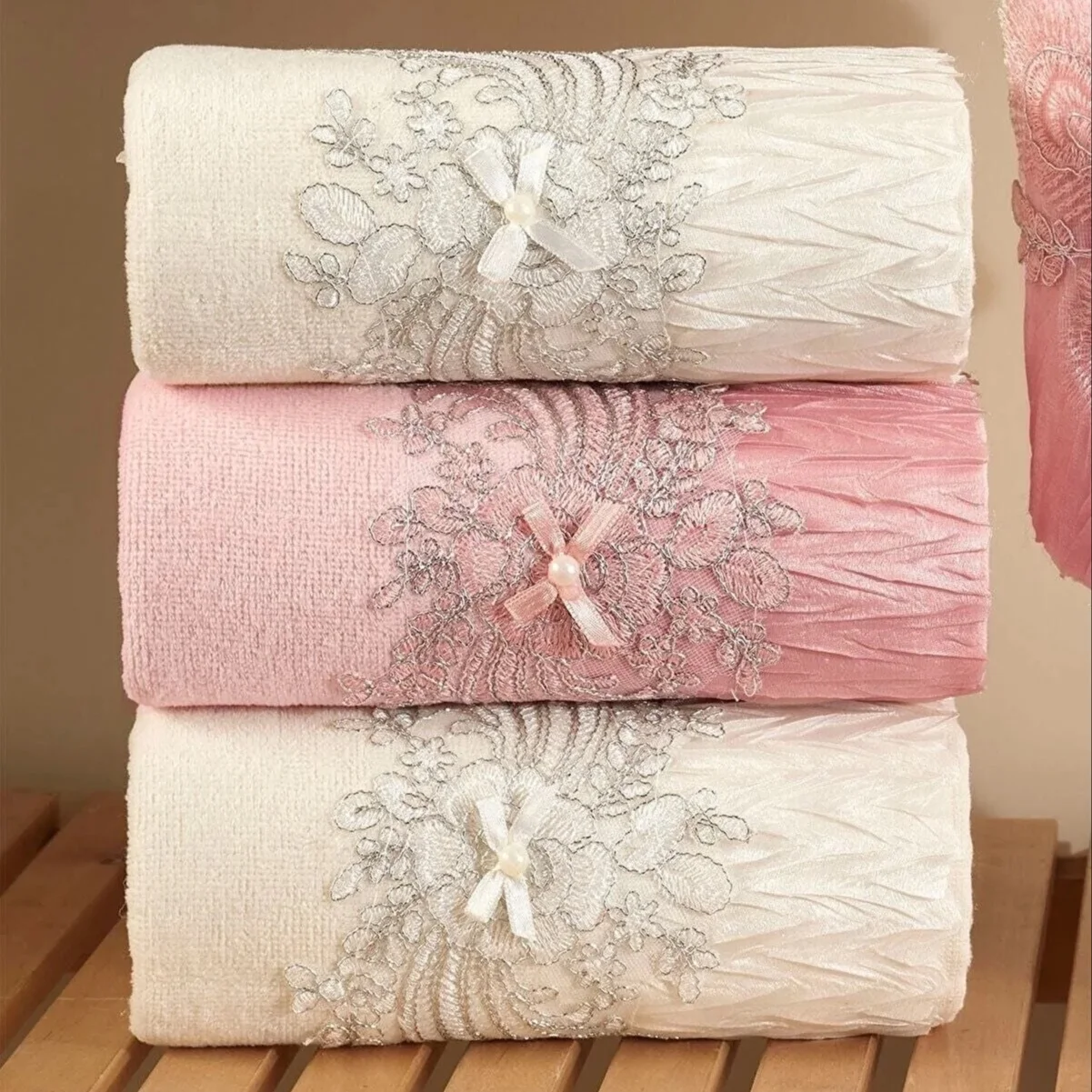 4 Pcs Lace Embroidery Bead Embroidered Hand Hair Face Towel Set %100 Cotton High Quality Turkish Towel 50x90 Cm Great Absorbent