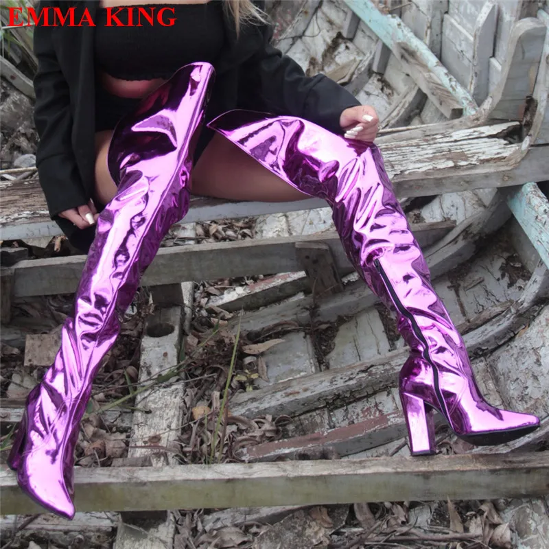 موضة براءات الاختراع والجلود صندل بكعب مكتنز الفخذ أحذية عالية النساء مثير عالية الكعب سيدة أحذية الحفلات امرأة أشار تو فوق الركبة الأحذية #5