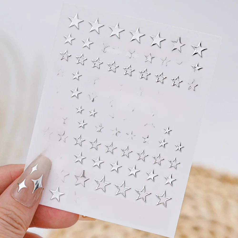 Autocollants pour ongles pentagrammes métalliques argentés 3D, 1 pièce, curseur adhésif bronzant étoile lune soleil pour décoration Nail Art # Y2K