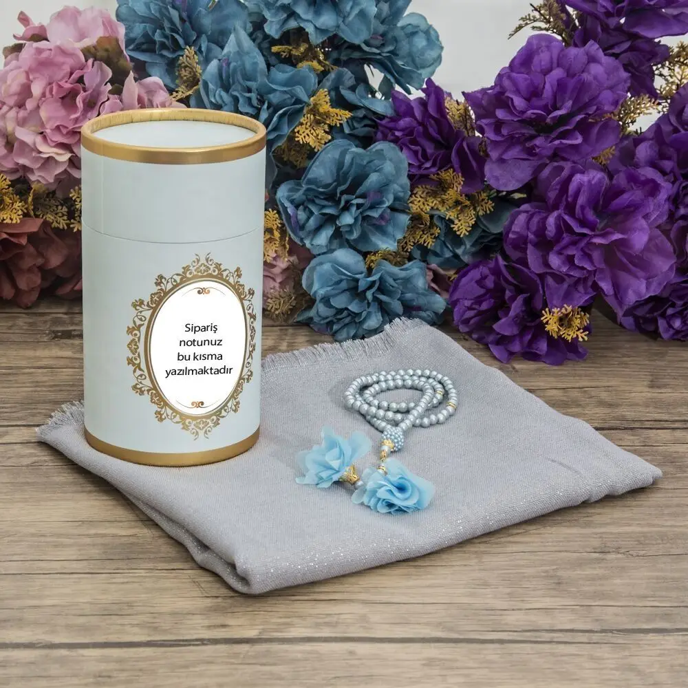 

GREAT GIFT Mevlüt gift package Gift Luxury Shawl - Pearl Rosary - Cylinder Box Blue Gift Set.