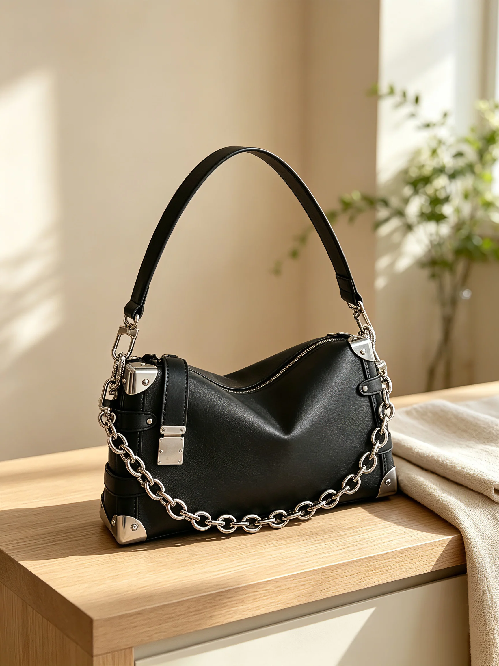 2026 Women's New Style Vintage Print Chain Bag Metal Corner Detail Shoulder Crossbody Underarm Bag 28x15cm
