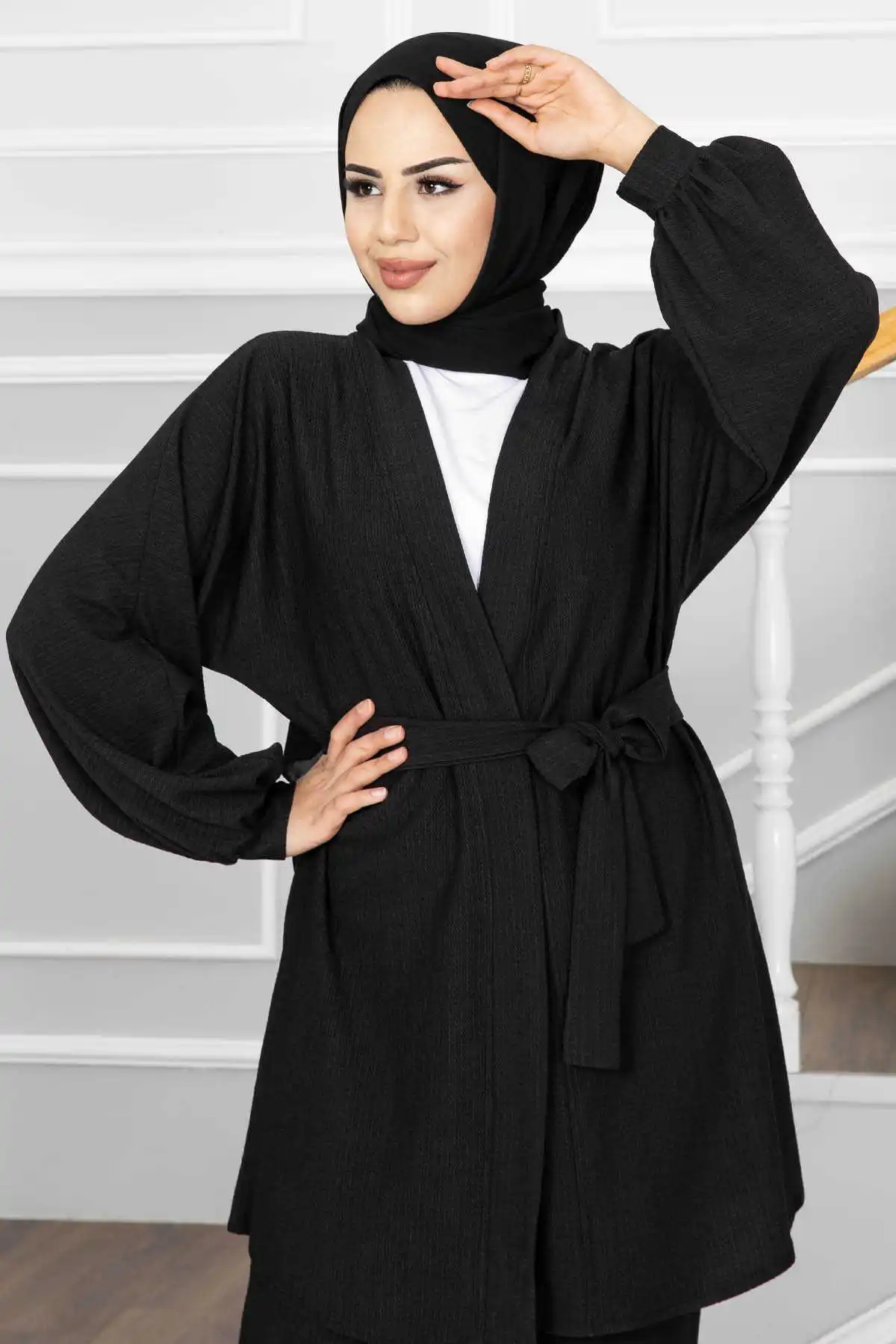 Women Muslım Set Hijab Kimono With Mobile Belt Two Piece Outifits Fashion Lapel Neck Long Sleeve Shirt Trousers Muslim Wide Leg