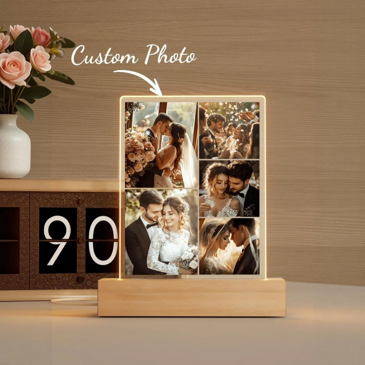 Customized Desktop Decor – Personalized Acrylic Bedside/Desk Lamp with Photos and Text; Ideal for Weddings or Anniversaries