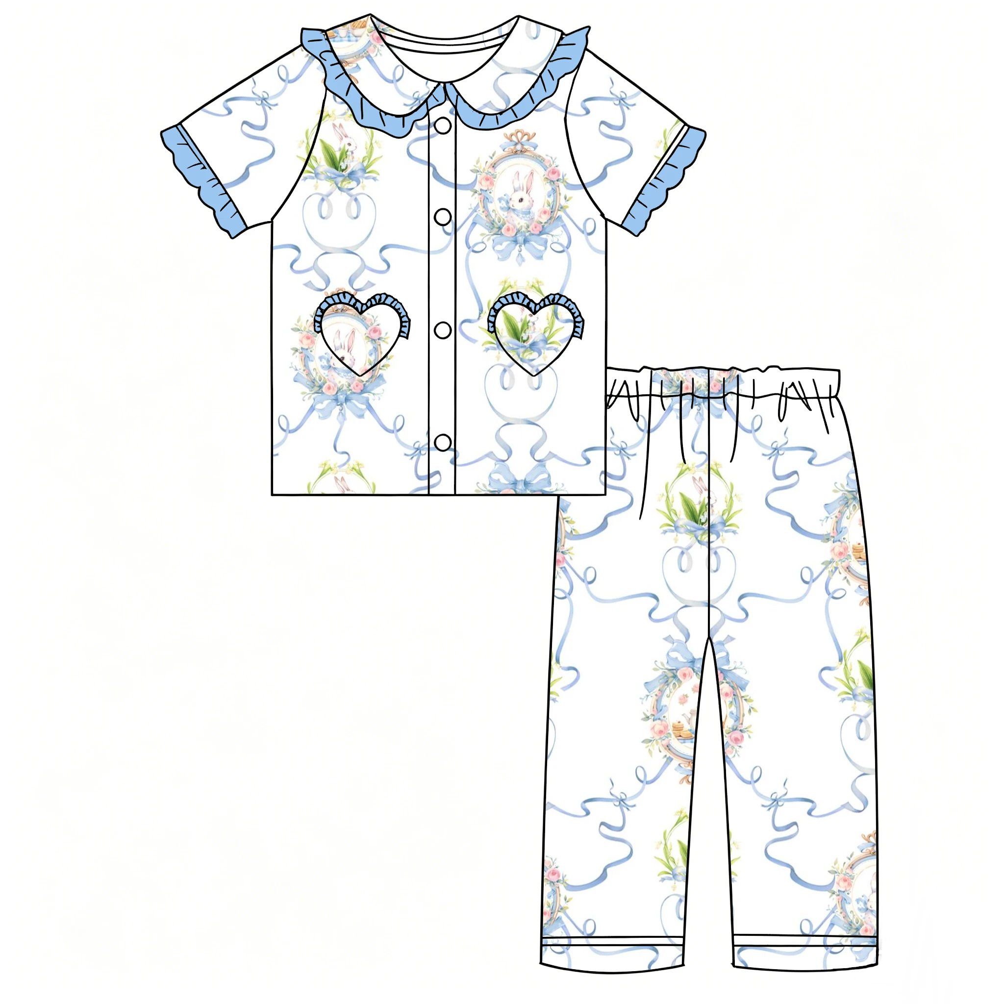 Boutique girl's pajama set Short sleeves trousers Lapel with ruffled heart-shaped pocket and buttons balloon animal flower print