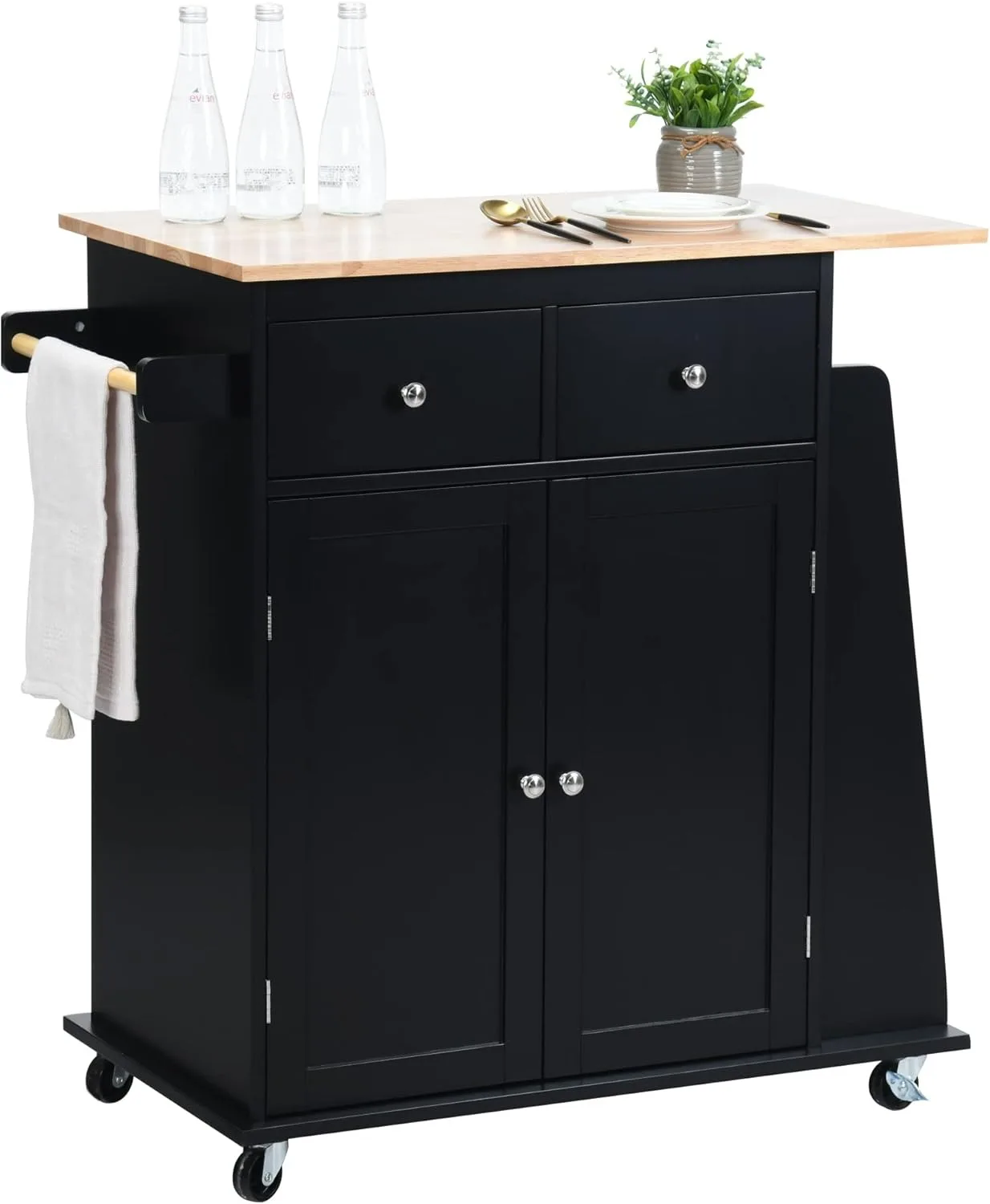 Kitchen Island, Rolling Kitchen Storage Cart with 3-Tier Spice Rack and Towel Rack, Microwave Cart with Wheels and Rubber Wood T