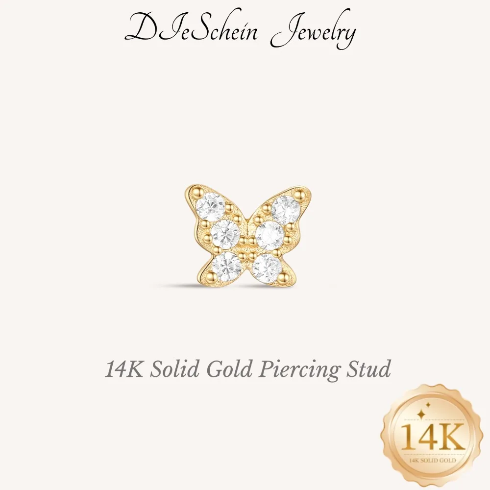 DIeSchein 14k Solid Gold Piercing Earring for Women CZ Flat Back Stud Earrings for Helix Tragus Daith Piercing Birthday Gifts