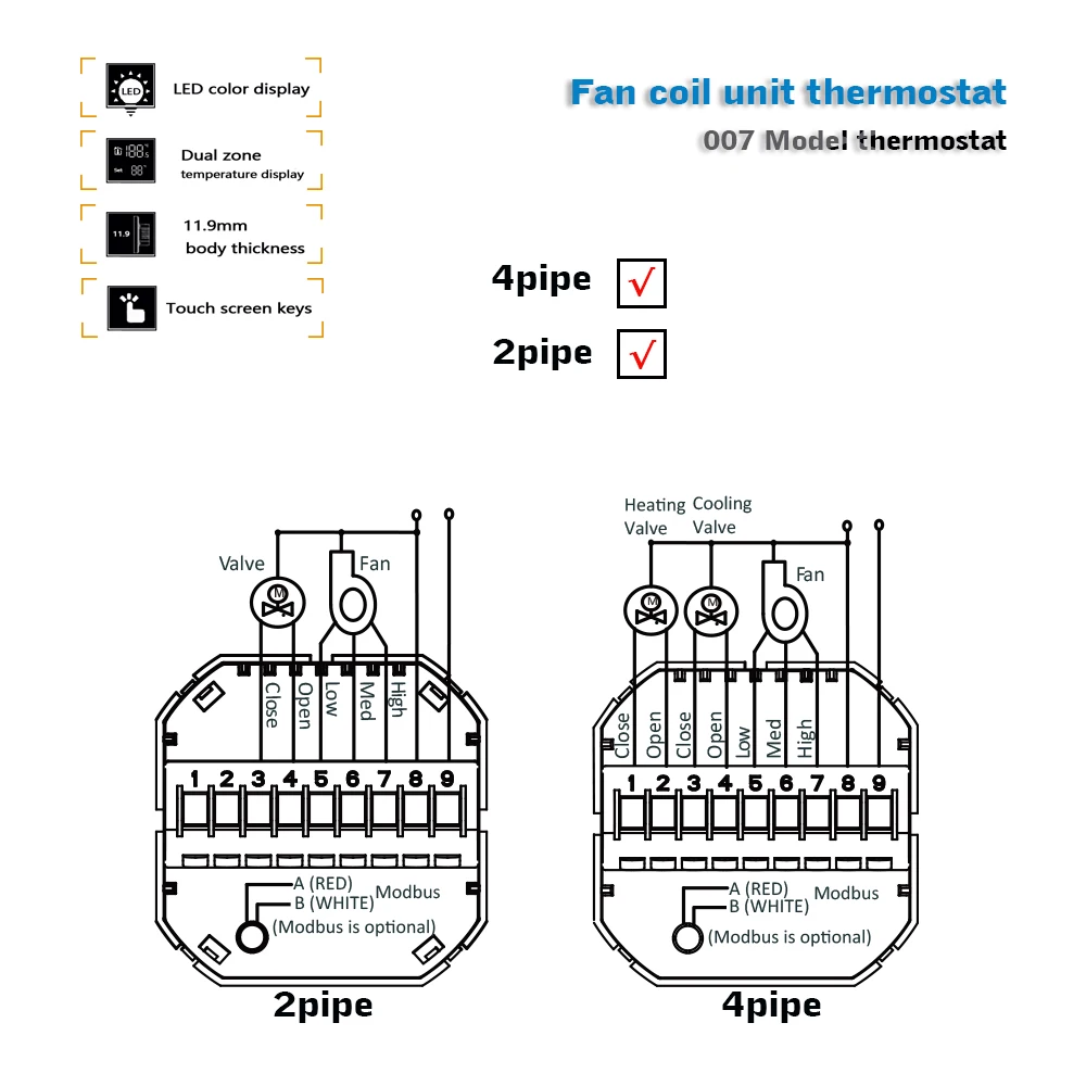 HVAC systems 2pipe4pipe fan coil thermostat air conditioner thermostat for heating and cooling 24VAC 95-240VAC optional