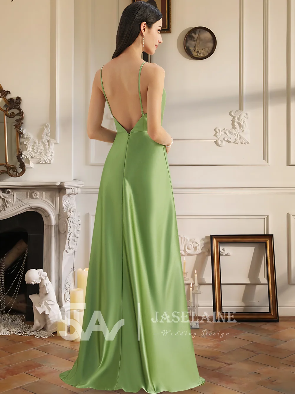 Vestidos de dama de honra de luxo a linha cowl pescoço até o chão cetim perna fenda cintas de espaguete casamento convidado festa à noite cocktail