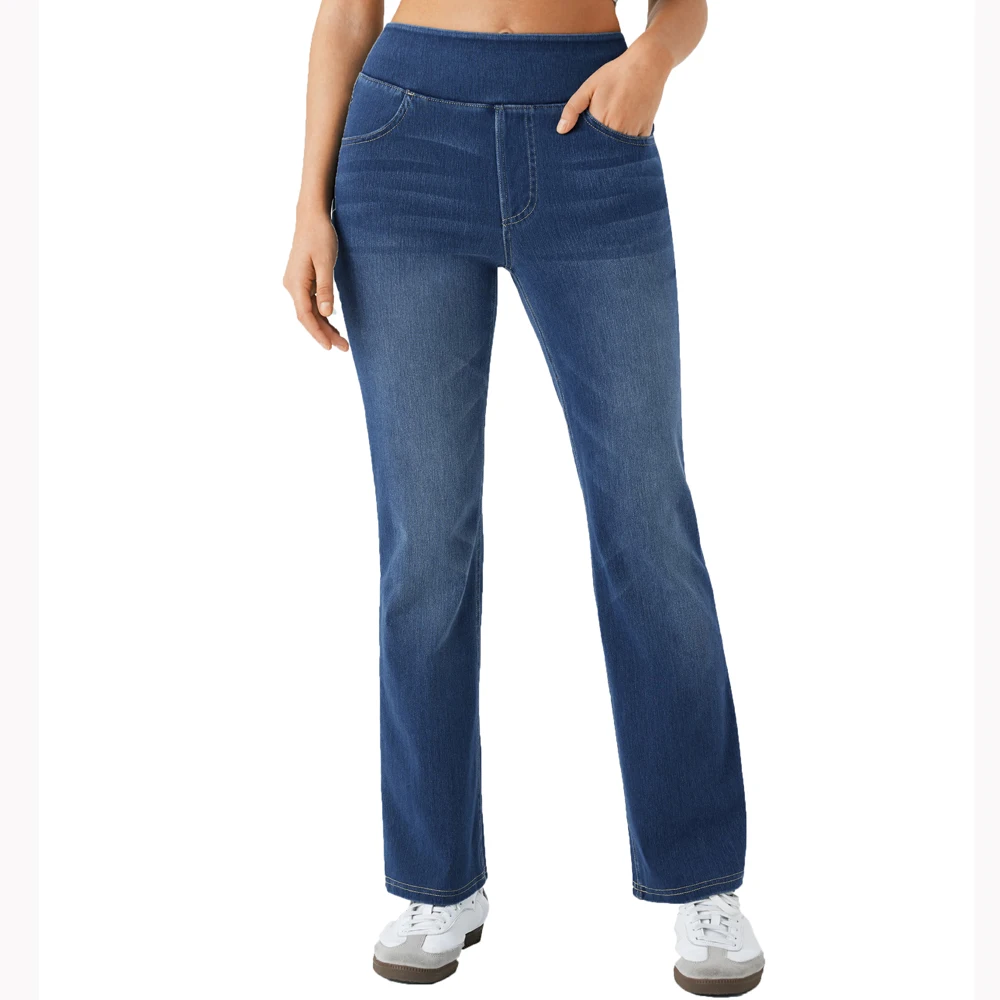 Shascullfites High Waisted Tummy Control Bootcut Jeans Blue Washed Stretchy Knit Casual Multiple Pockets Pull-On