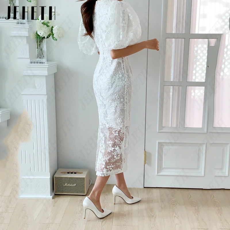 JEHETH Lace Mermaid Korea Bridal Gowns Satin O-Neck Wedding Dresses Vintage Puff Sleeves 웨딩드레스 Photography Tea-Length Side Split