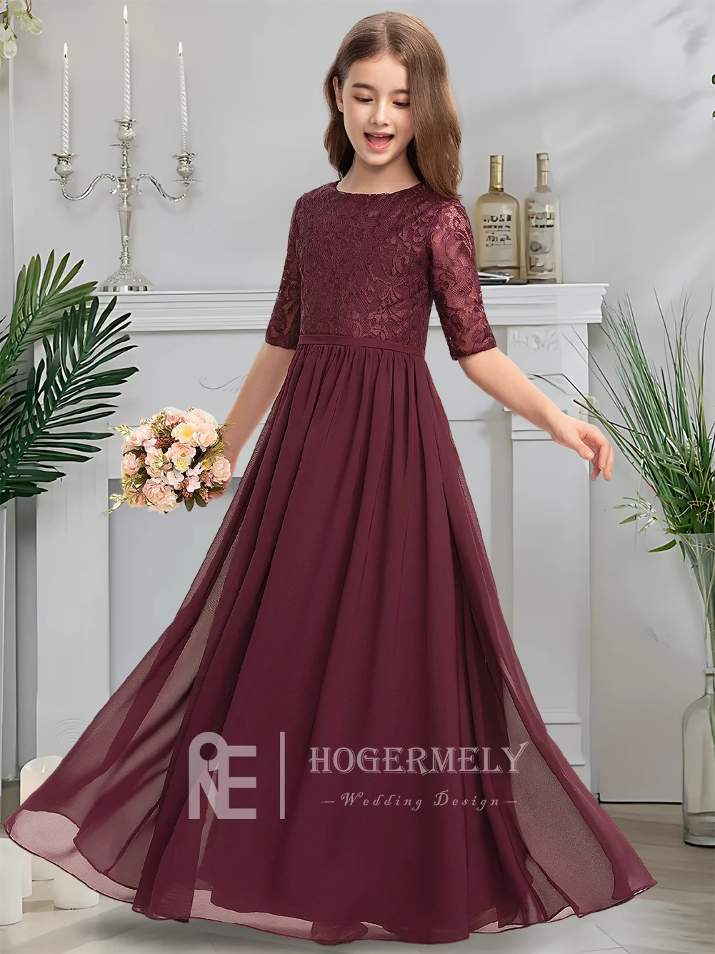 Elegante abito da damigella d'onore junior in pizzo chiffon con scollo rotondo a trapezio Abito da ragazza di fiori con rubino Abito da cerimonia nuziale lungo fino al pavimento