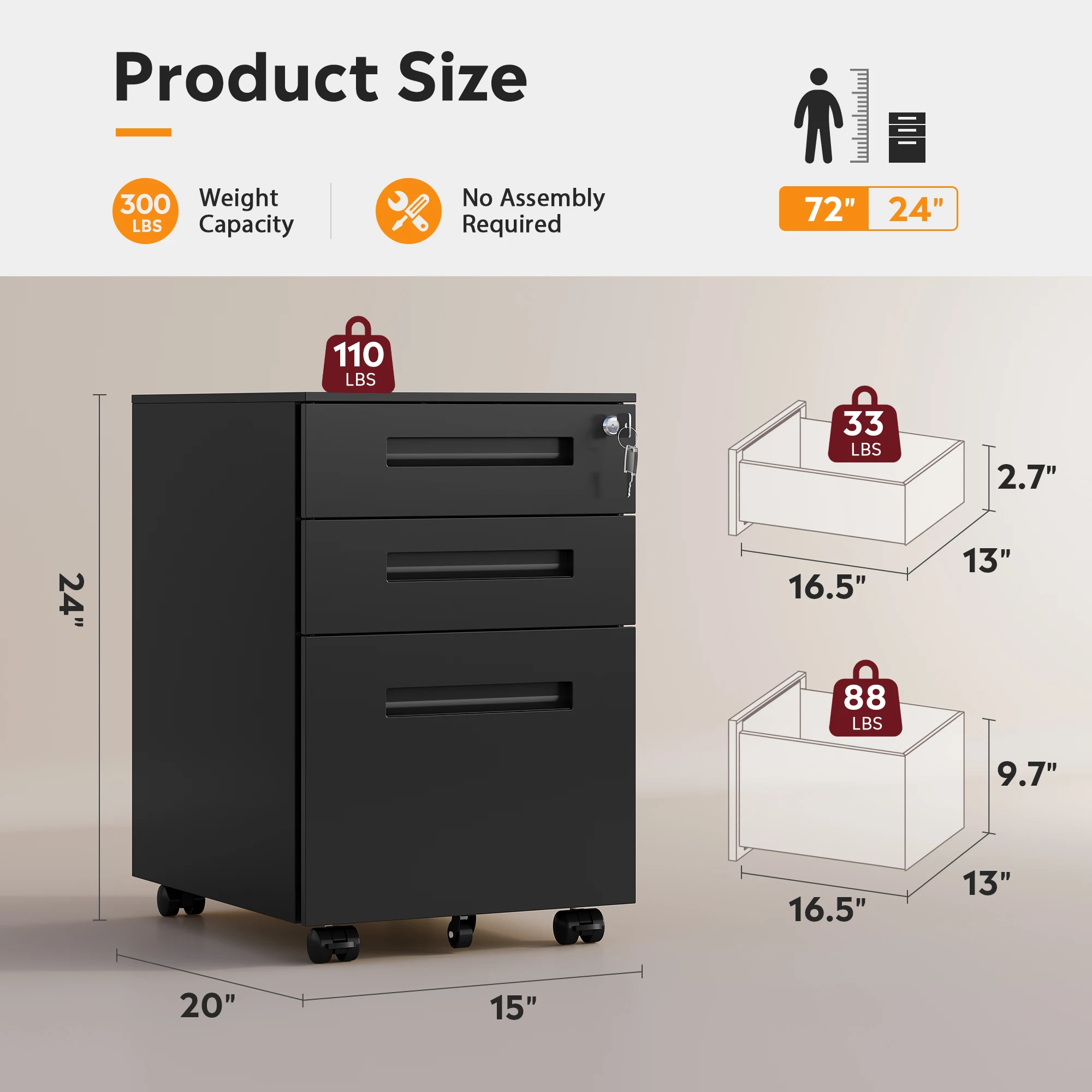 3 Drawer Mobile File Cabinet, Fully Assembled Except Casters Metal Filing Cabinet with Lock Under Desk for Home Office, Printer Stand fits A4/Letter/Legal Size, Black