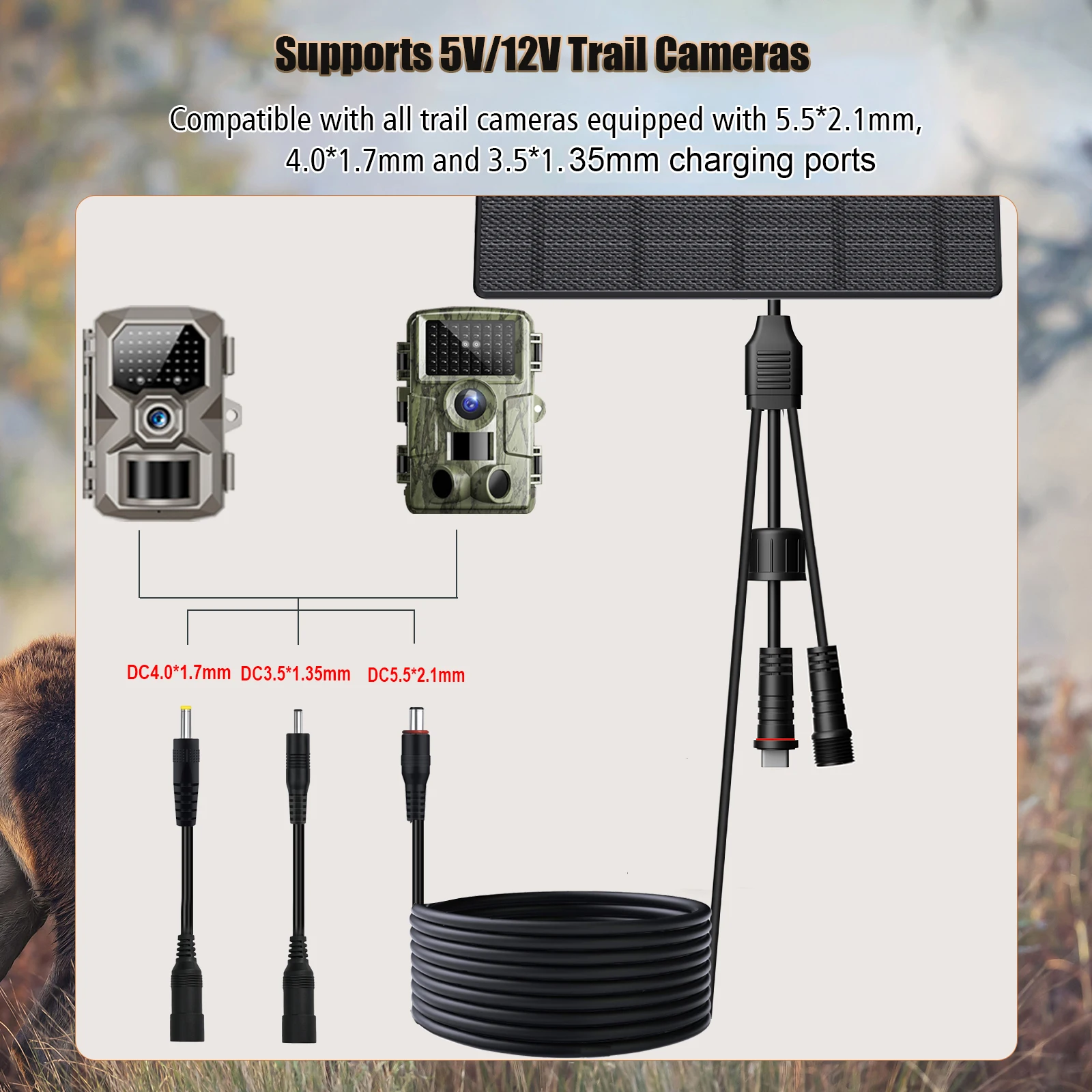 10W Solar Panel for Security Camera 5V 12V Universal Solar Charger with Type-C DC 5.5/4.0/3.5mm Connectors IP66 Outdoor view 4