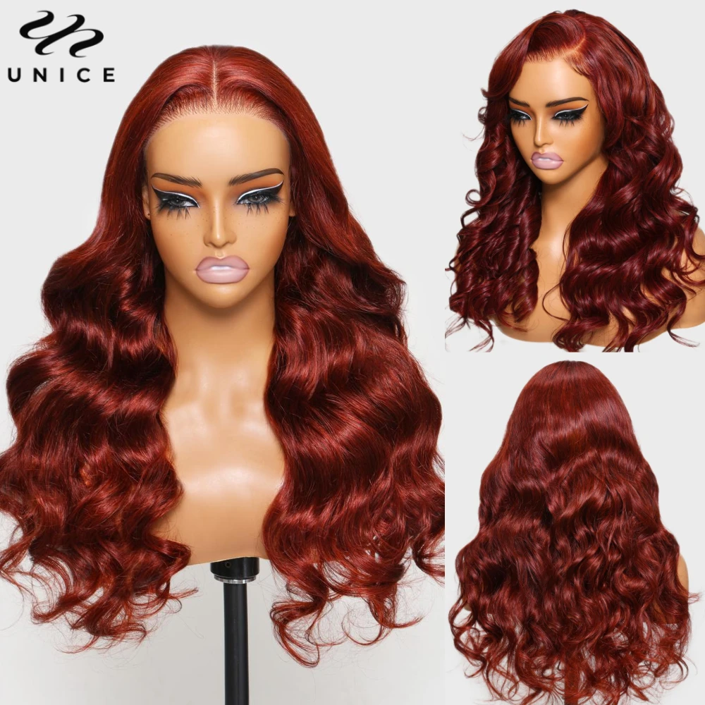 UNice 7x5 Pre Cut Lace Glueless Wig Human Hair Reddish Brown Body Wave Wig Pre Bleached Human Hair Lace Front Wig 150% Density