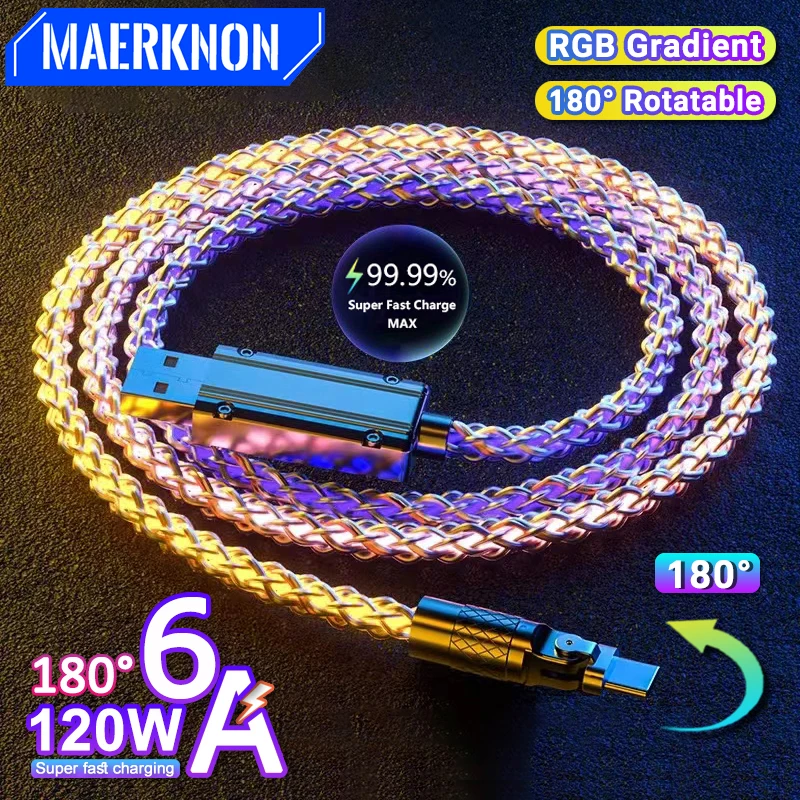 

120W 6A Glowing Cable Type C Cable Super Fast Charge RGB 180° Rotatable For Xiaomi 13 12 11Samsung Huawei Micro USB Data Cord