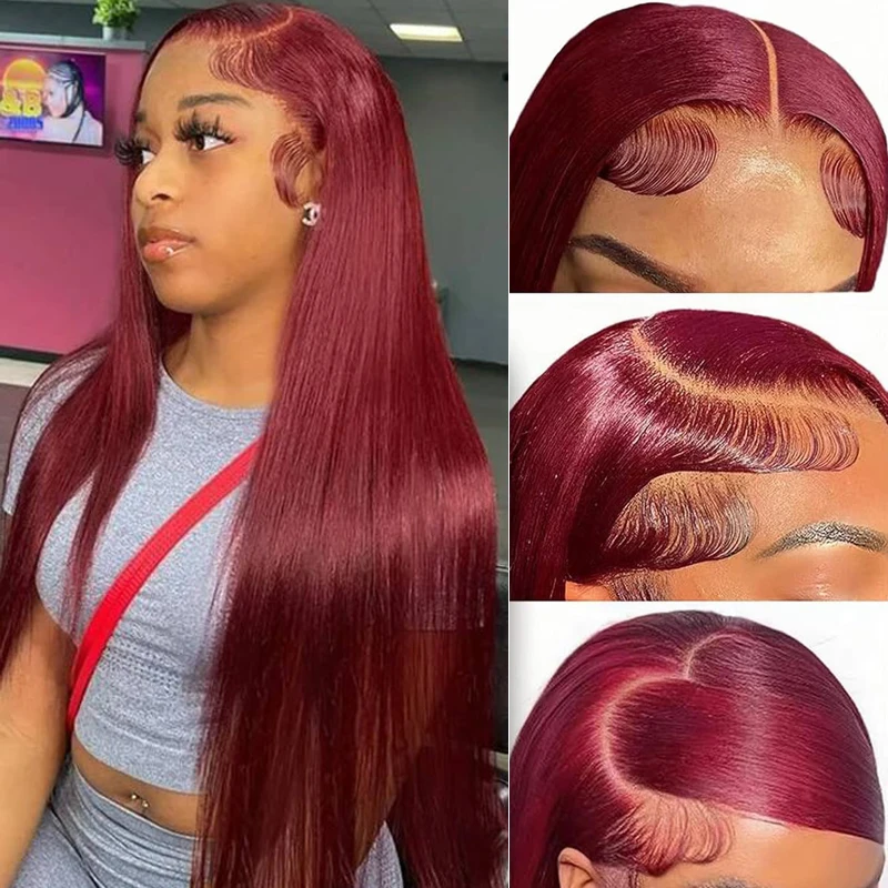 Perruque Lace Front Wig naturelle lisse, rouge bordeaux 99J, 13x6, 13x4, pre-plucked, densité 200, pour femmes africaines