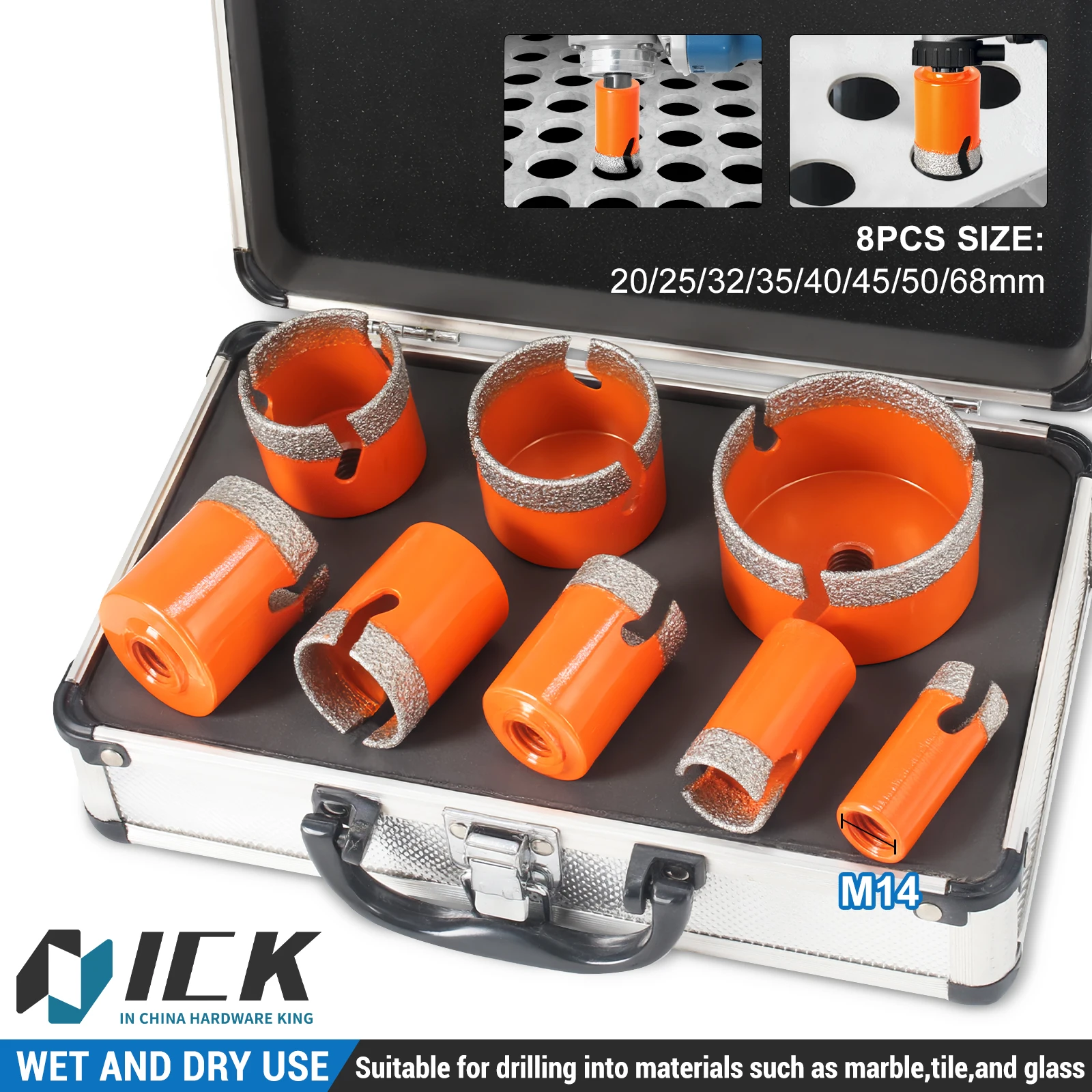 

8PCS Diamond Drill Bits Set 20-68mm M14 for Tile Marble Glass Wet Dry Use Corundum Abrasive Angle Grinder Chip Flute Design
