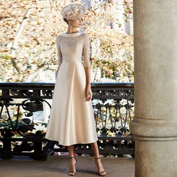 Vestidos de encaje champán para madre de la novia, vestido elegante con cuello de Joya, hasta el té satén, Media manga, Formal, para invitados de boda, 2023