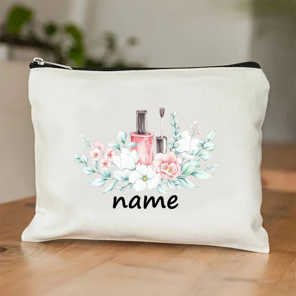 Custom Name Floral Nail Polish Beige Makeup Bag Large Foldable Polyester Zipper Storage Gift For Best Friend Nail Tech
