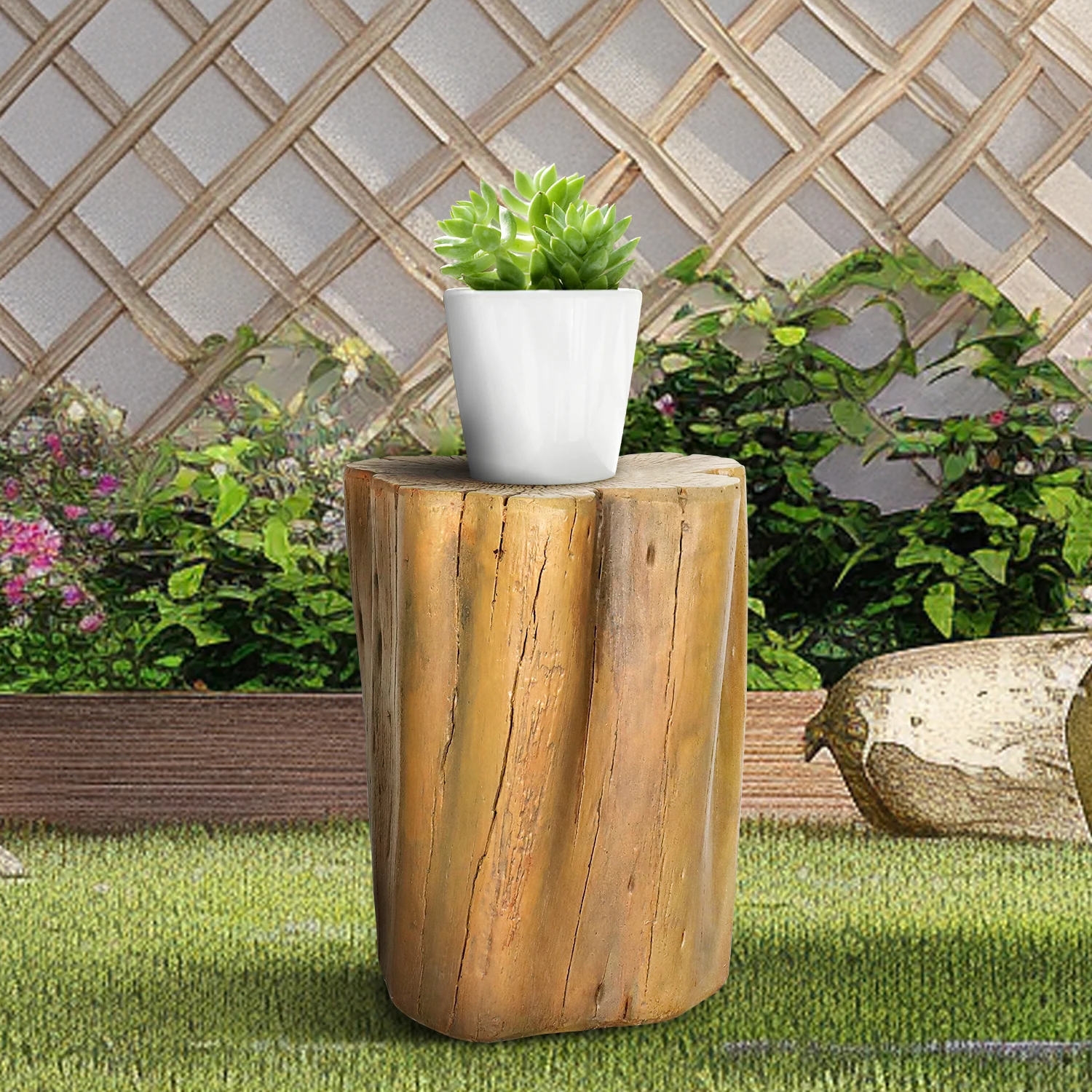 Concrete Faux Wood Tree Stump - 17.9 Inch H Outdoor Side Table Statue, Faux Oak Tree Stump Cover, Outdoor Decorative Plant Stand